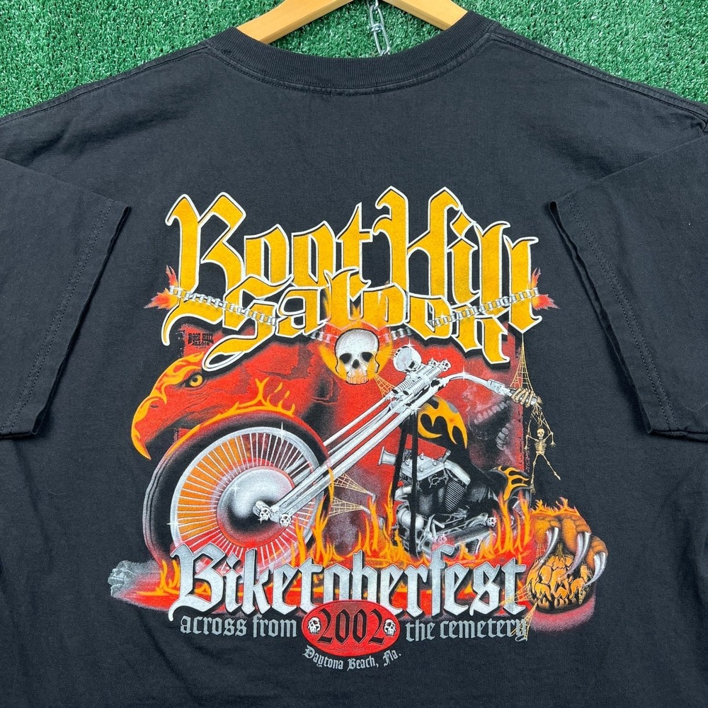 VTG Boot Hill Saloon T-Shirt Mens XL Black Biketoberfest Pocket Graphic 2002 Y2K